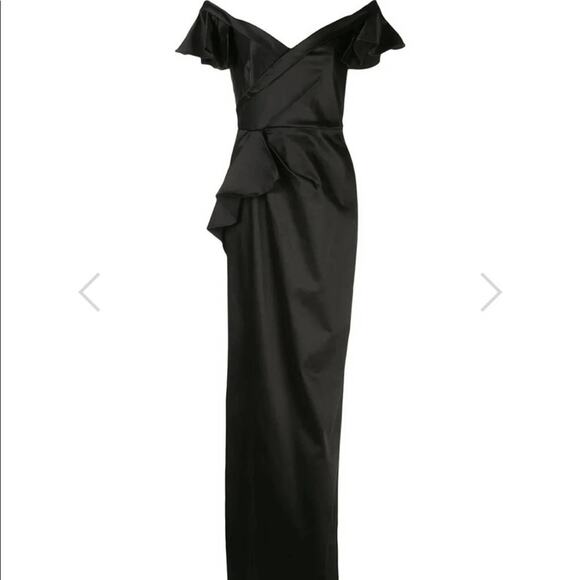 Marchesa Notte Off Shoulder Satin Draped Dress Black Size 0 - Picture 5 of 8
